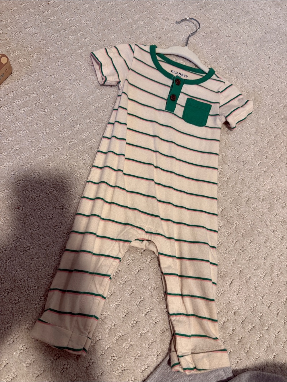 Old Navy Cream and Green Striped Baby Footie with Chest Pocket